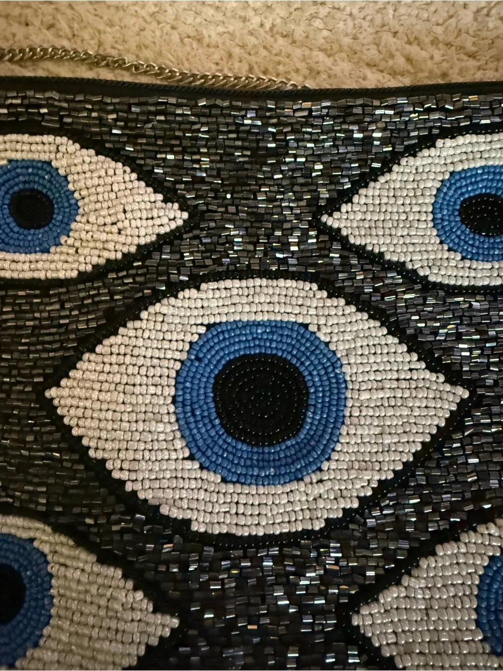 Kaylee New York Beaded Eye Pattern Crossbody Bag in Blue and White